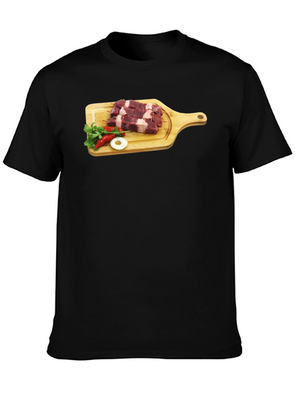 Camiseta Negra con Diseño de Carne y Vegetales