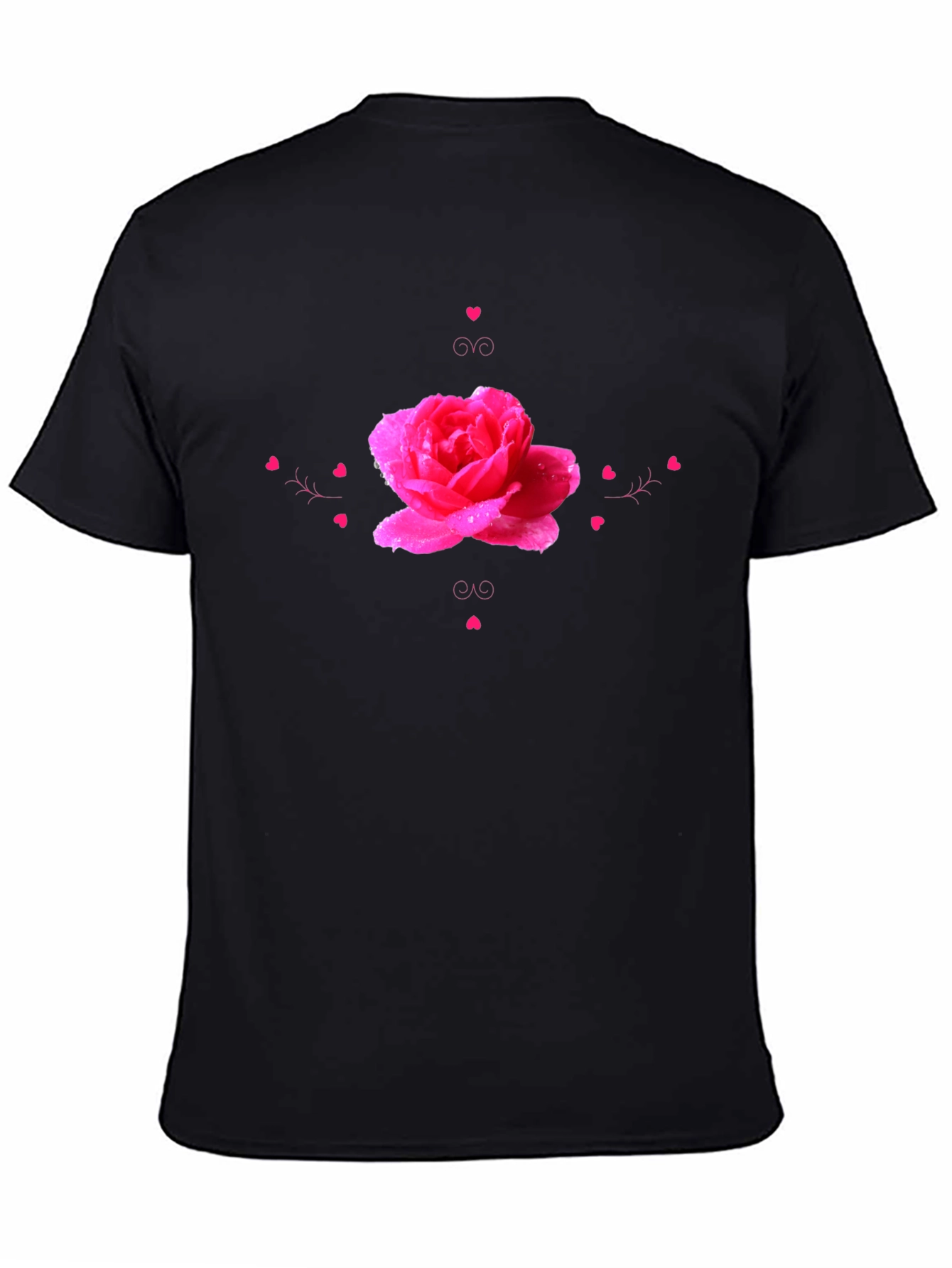 Camiseta Negra con Diseño de Rosa Romántica