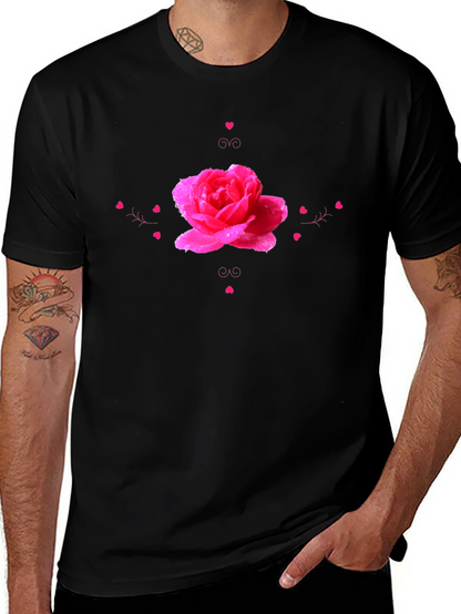 Camiseta Negra con Diseño de Rosa Romántica