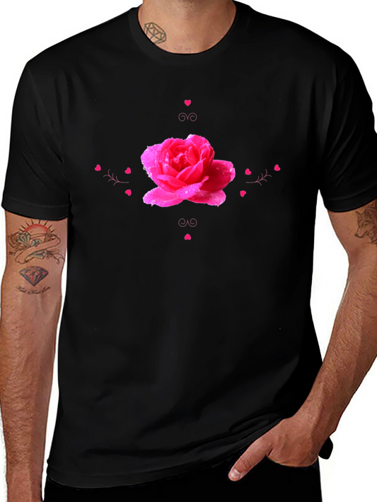 Camiseta Negra con Diseño de Rosa Romántica