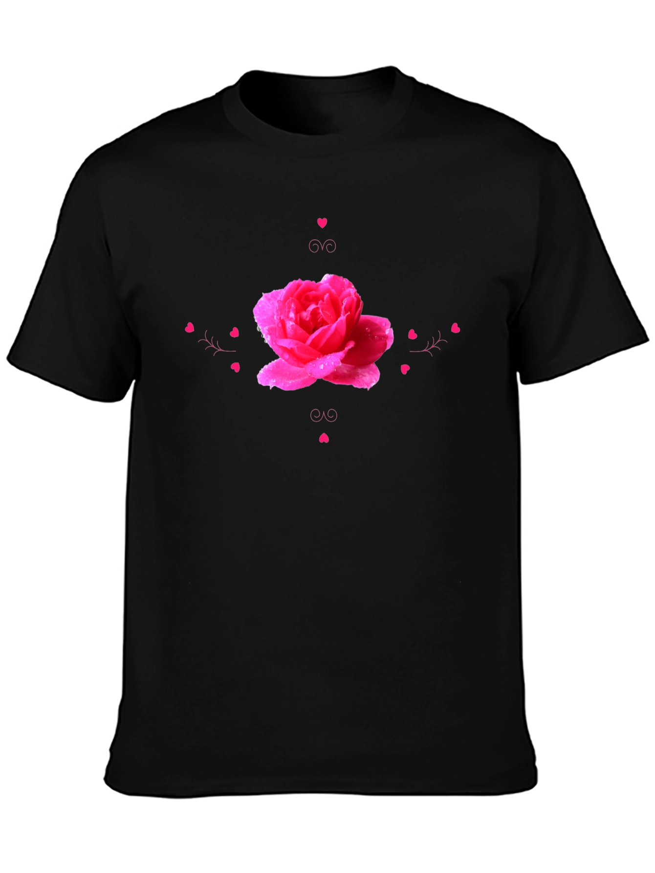 Camiseta Negra con Diseño de Rosa Romántica