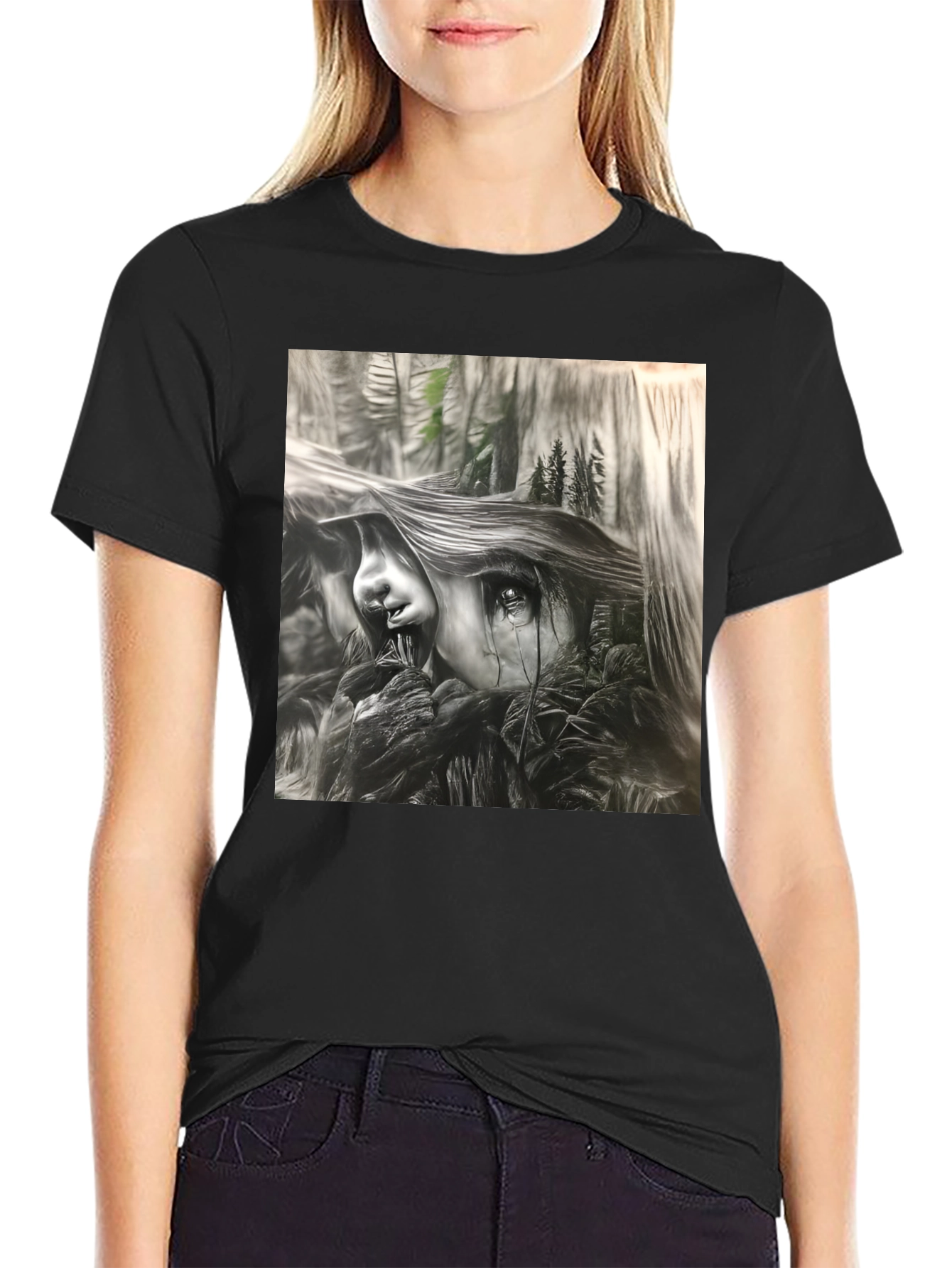 Camiseta Negra con Diseño Artístico de Bosque y Lágrimas