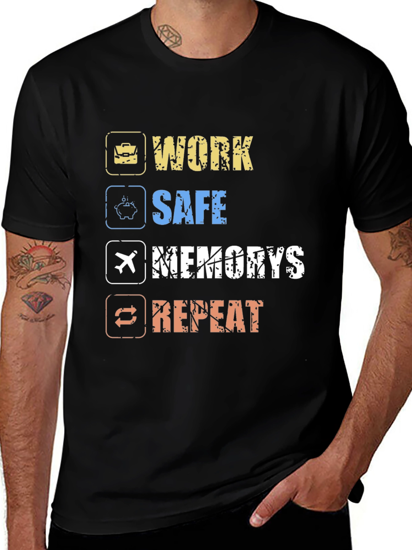 Camiseta Hombre Negra: Work Safe Memories Repeat
