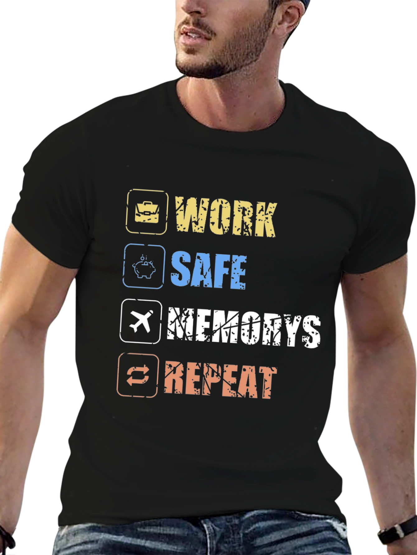 Camiseta Hombre Negra: Work Safe Memories Repeat