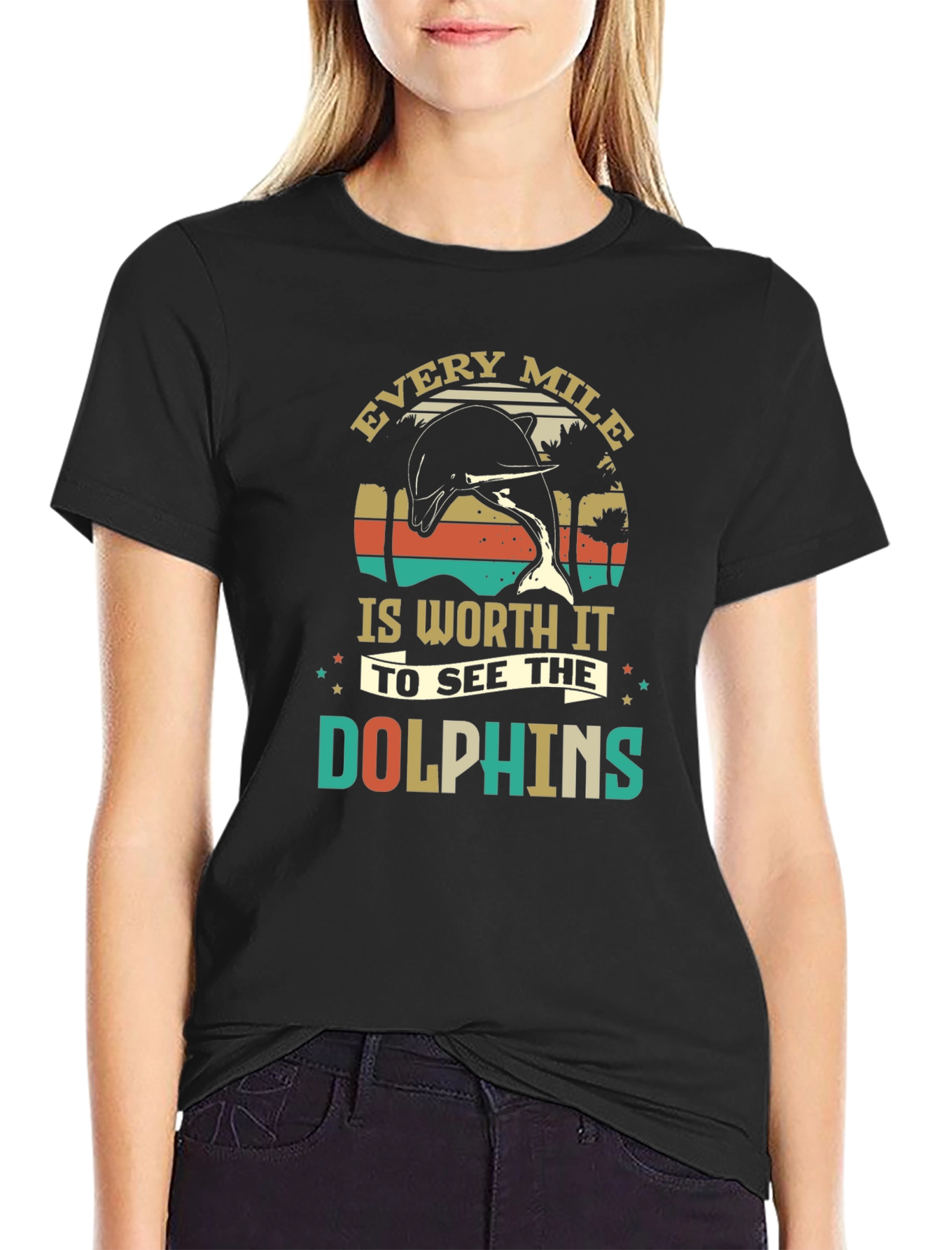 Camiseta Negra con Diseño de Delfines Retro