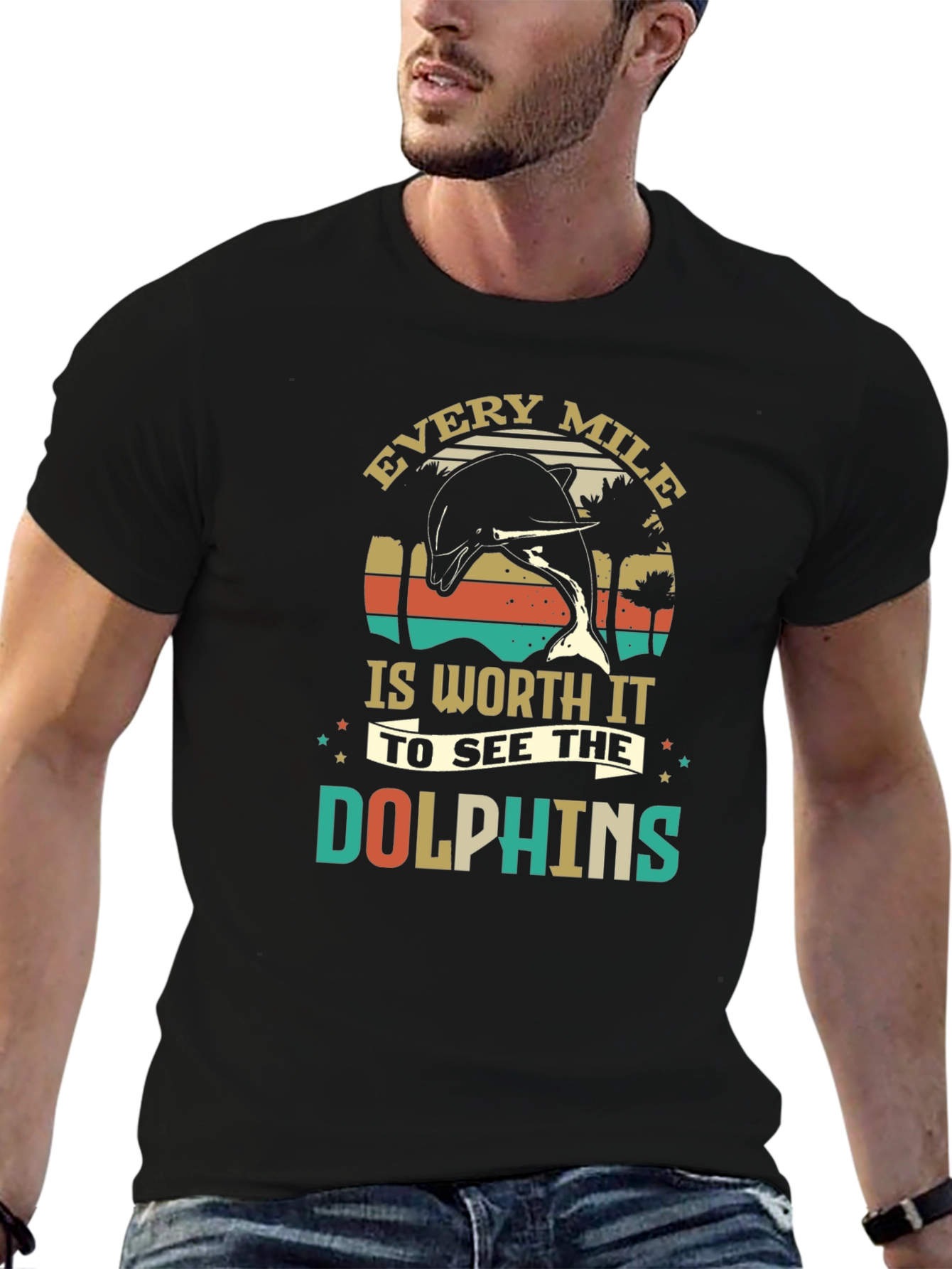 Camiseta Negra con Diseño de Delfines Retro