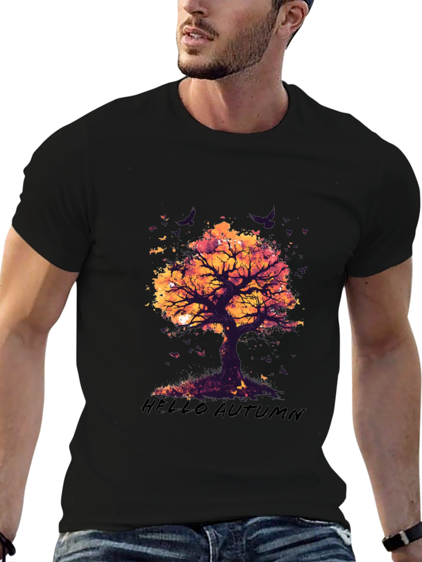Camiseta Negra con Diseño de Árbol de Otoño