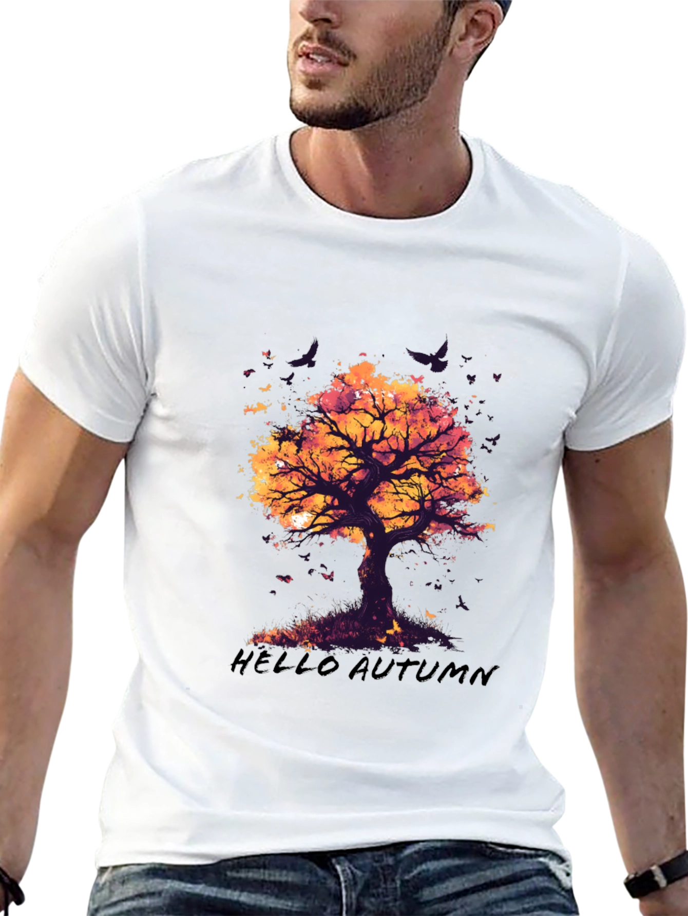 Camiseta Negra con Diseño de Árbol de Otoño