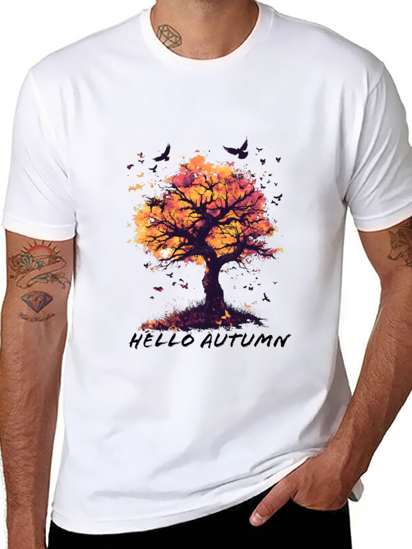 Camiseta Negra con Diseño de Árbol de Otoño