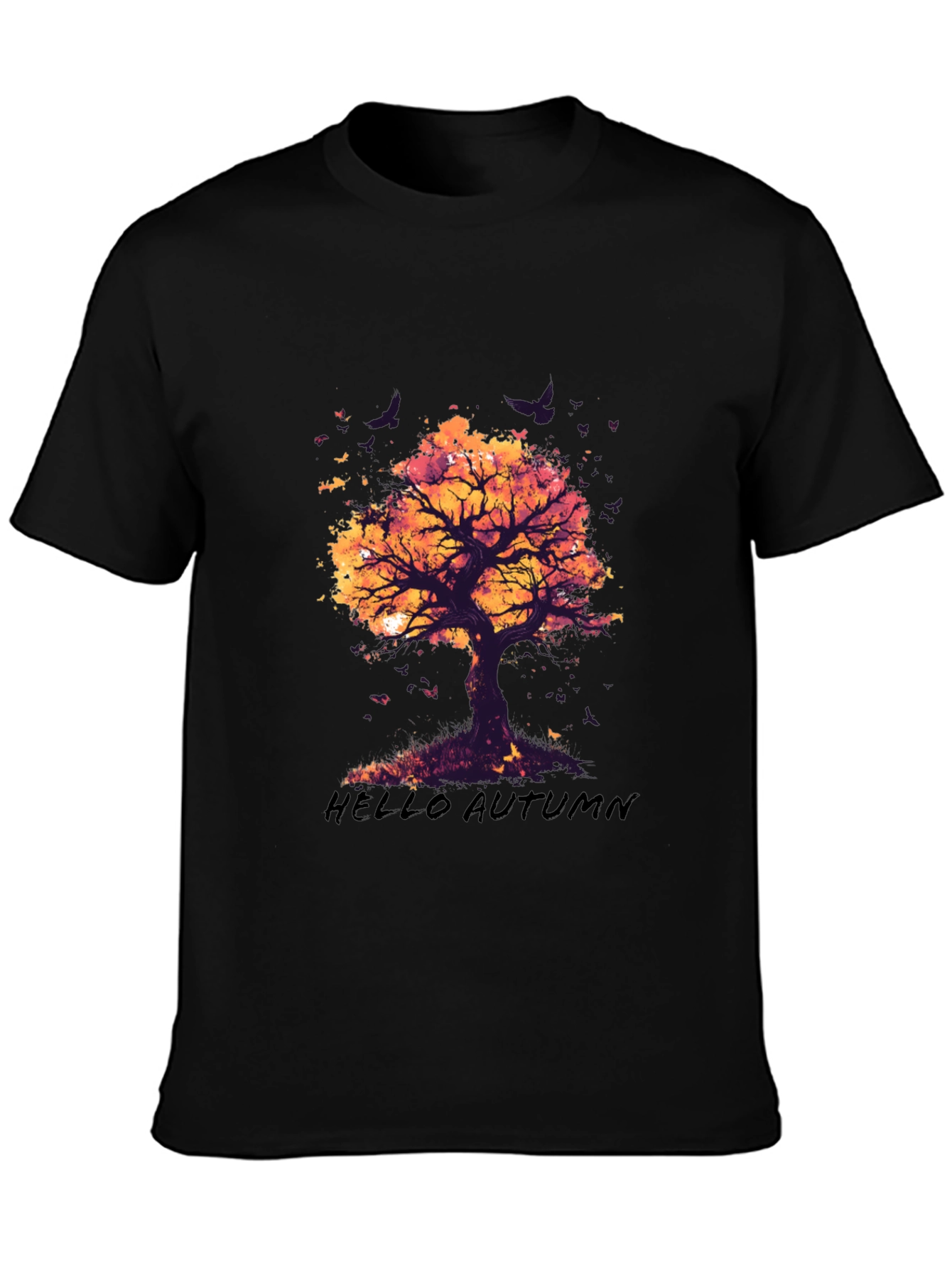 Camiseta Negra con Diseño de Árbol de Otoño