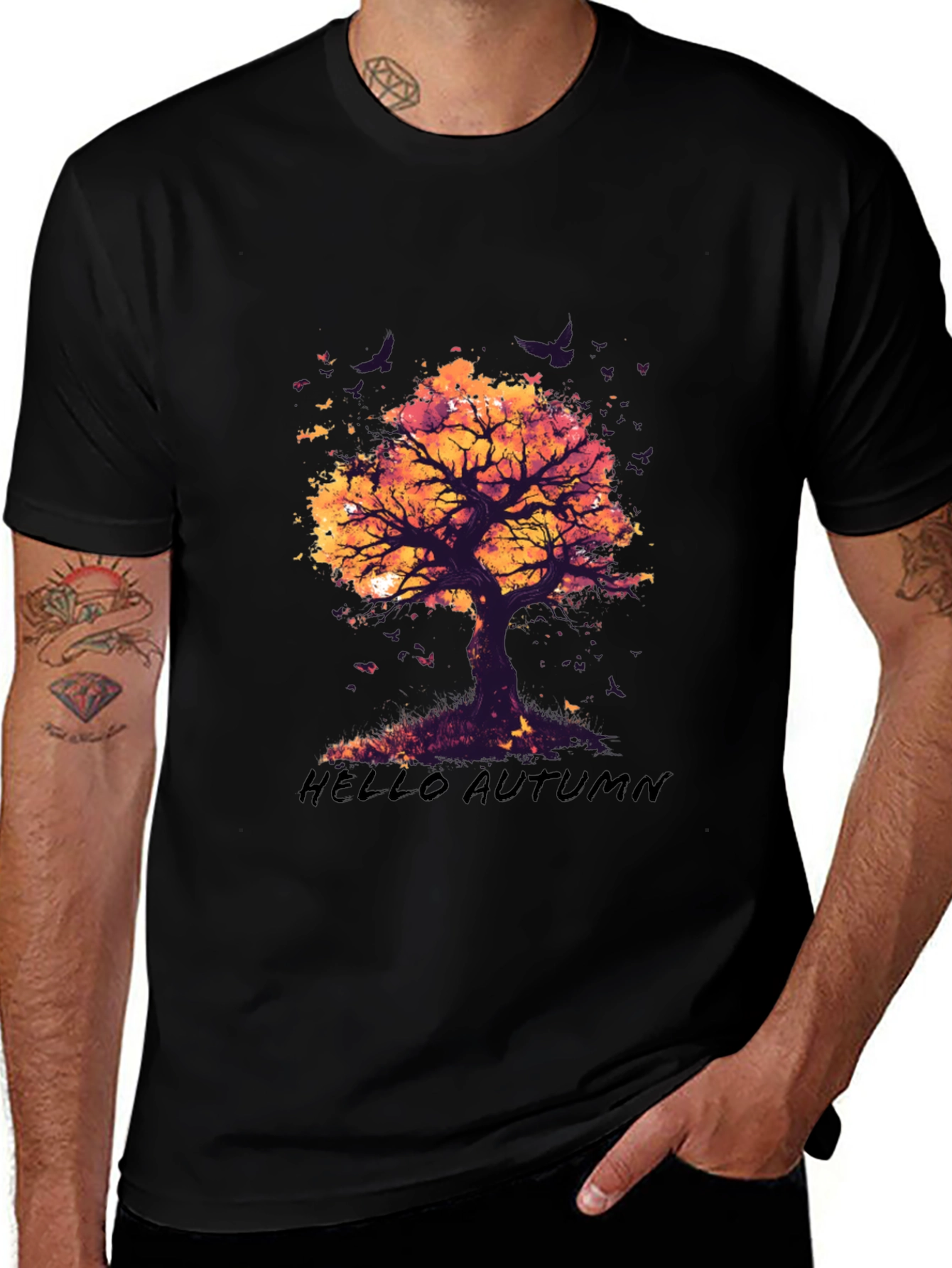 Camiseta Negra con Diseño de Árbol de Otoño