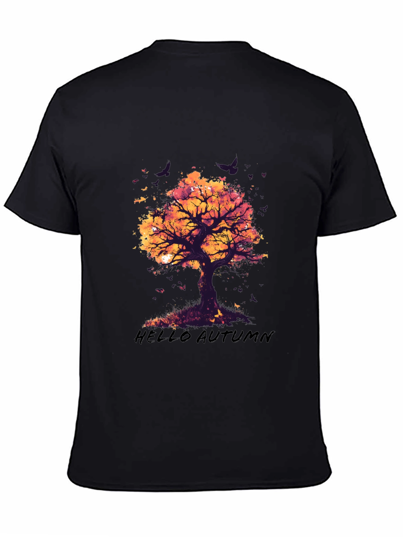 Camiseta Negra con Diseño de Árbol de Otoño