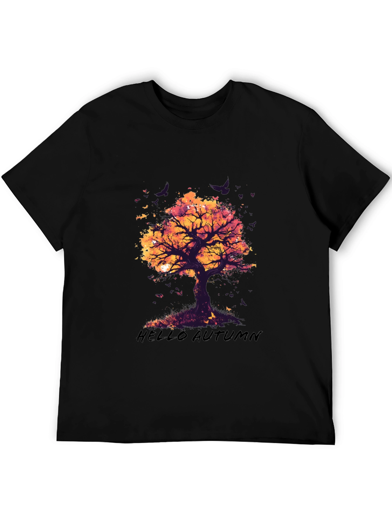 Camiseta Negra con Diseño de Árbol de Otoño