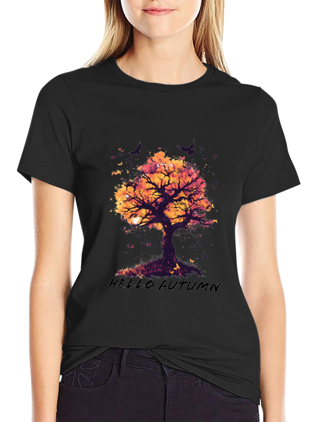 Camiseta Negra con Diseño de Árbol de Otoño
