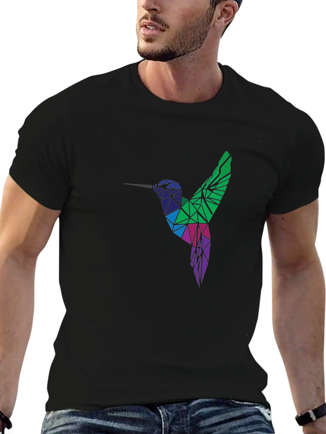 Camiseta Negra Hombre Diseño Colibrí Geométrico