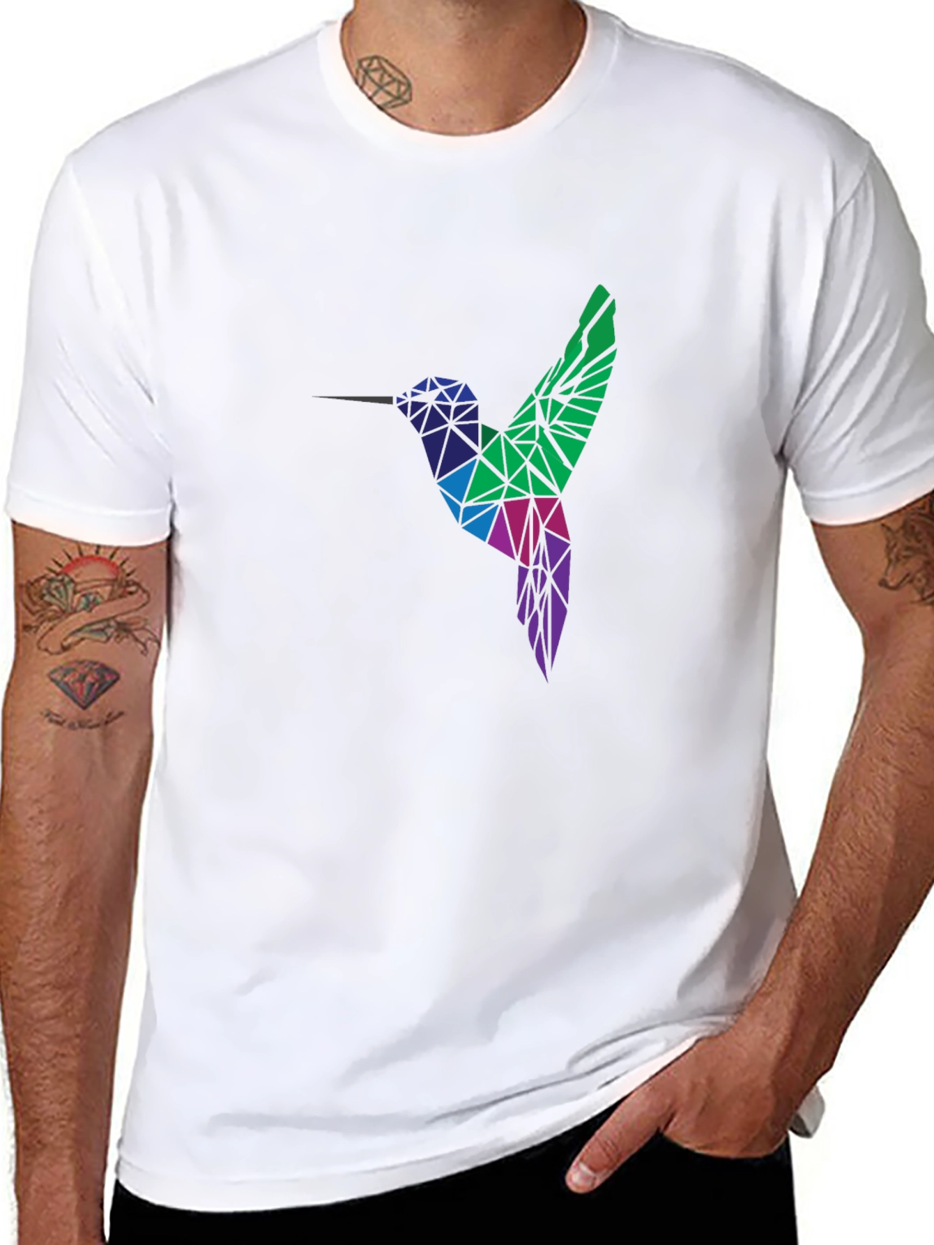 Camiseta Negra Hombre Diseño Colibrí Geométrico
