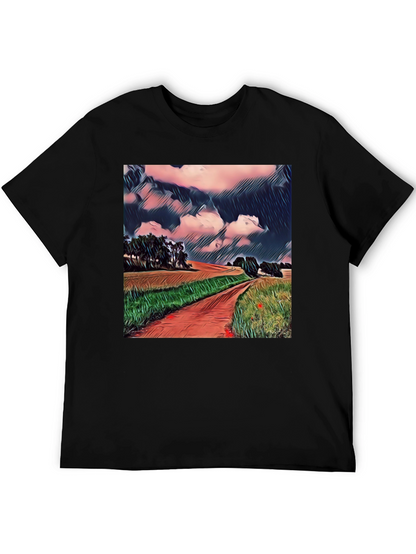 Camiseta Negra con Diseño de Paisaje Rural