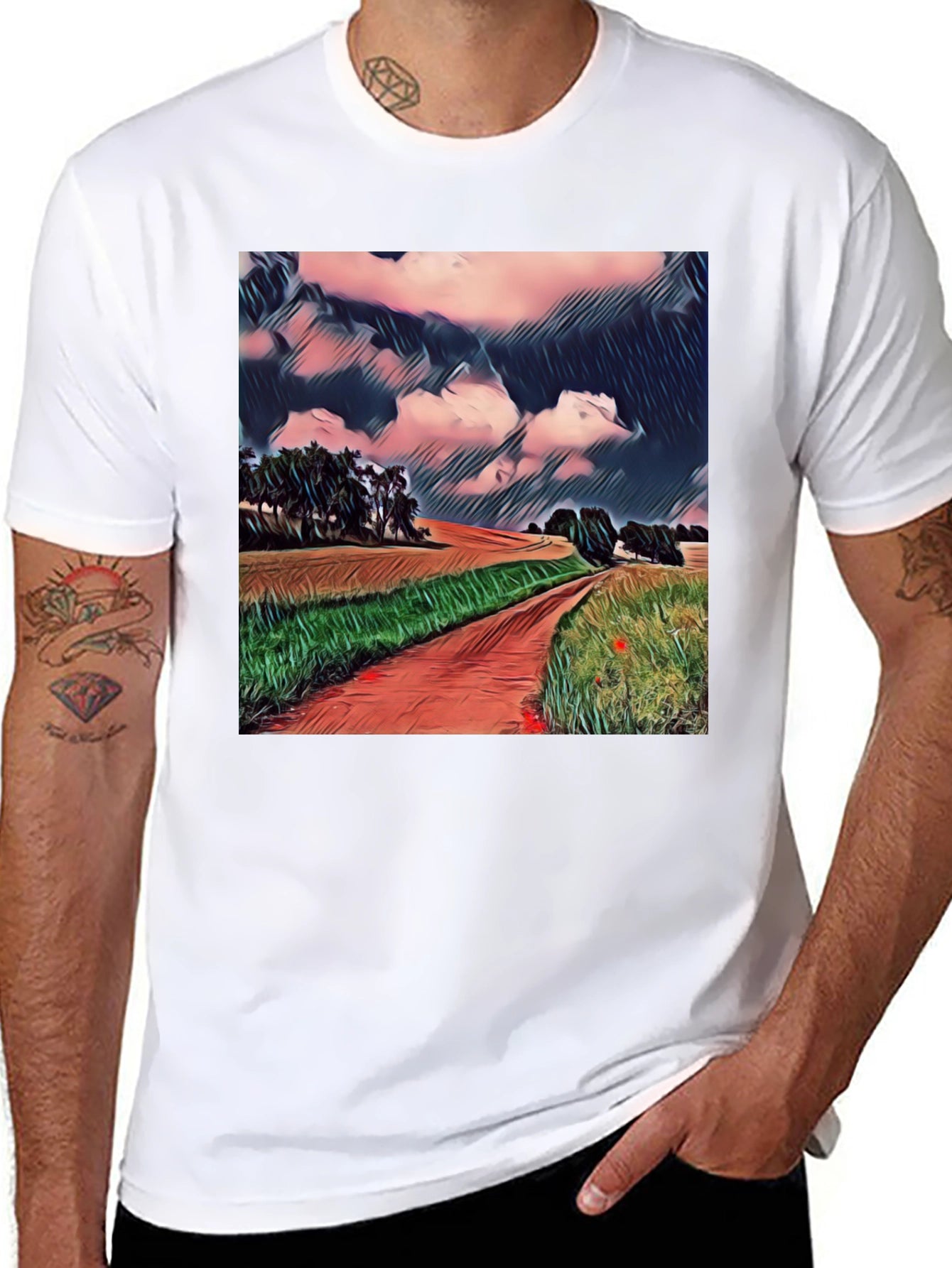 Camiseta Negra con Diseño de Paisaje Rural
