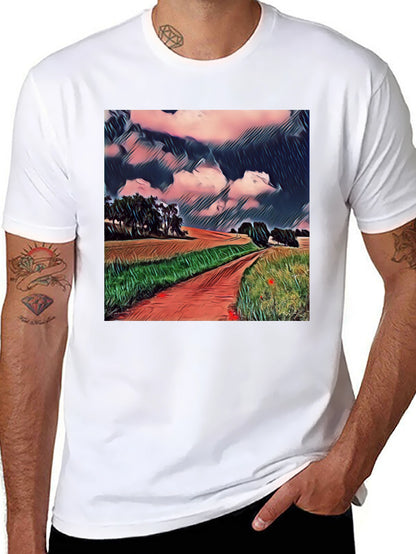 Camiseta Negra con Diseño de Paisaje Rural
