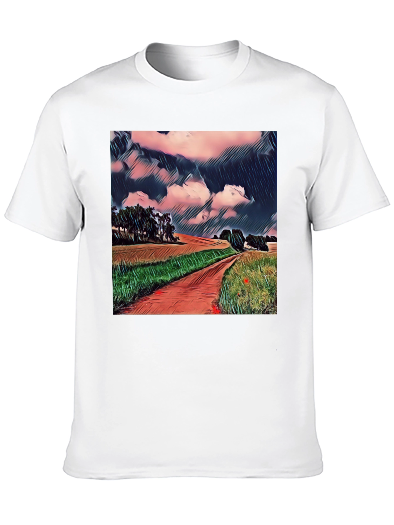 Camiseta Negra con Diseño de Paisaje Rural