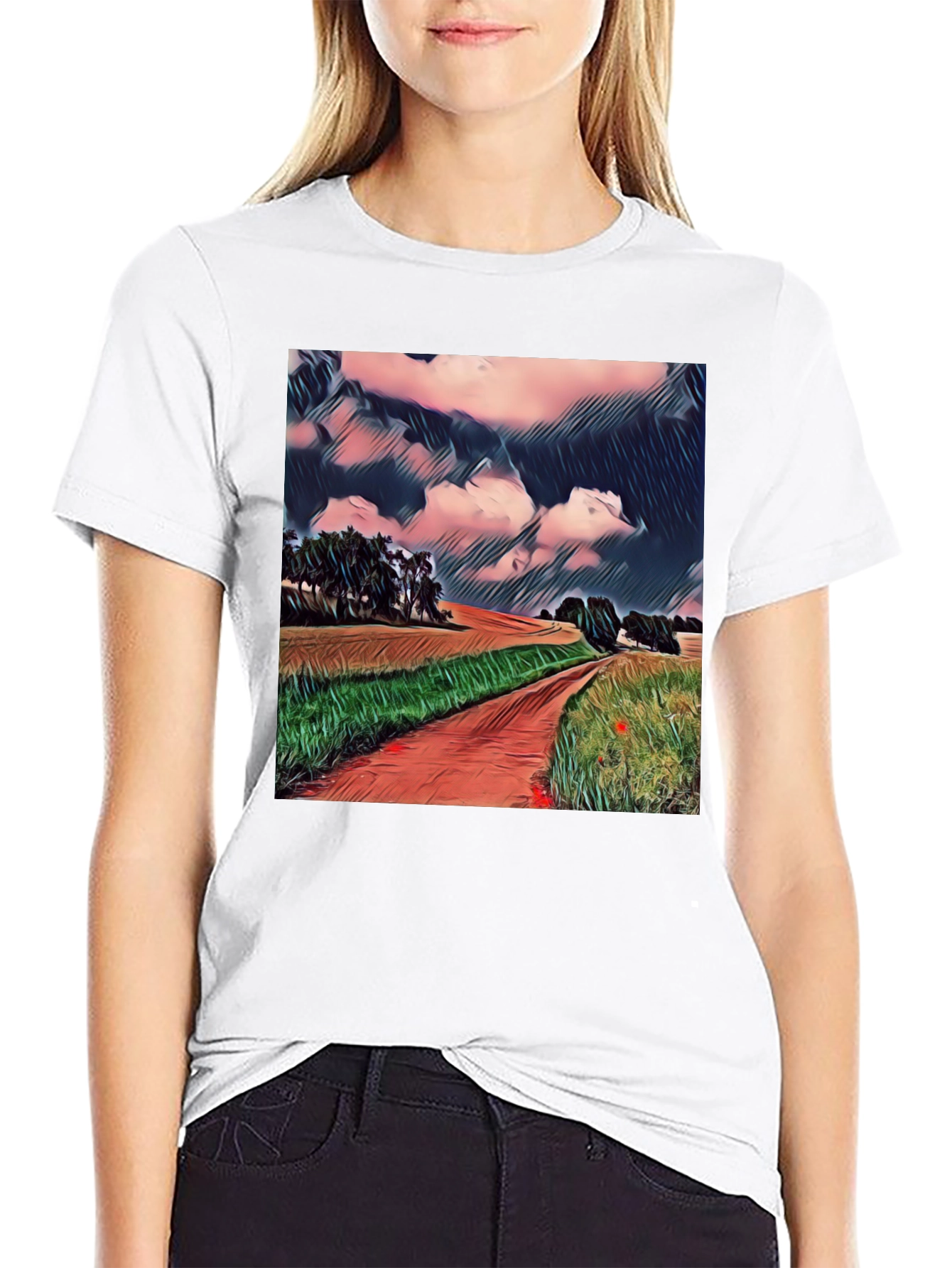 Camiseta Negra con Diseño de Paisaje Rural