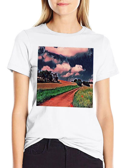 Camiseta Negra con Diseño de Paisaje Rural