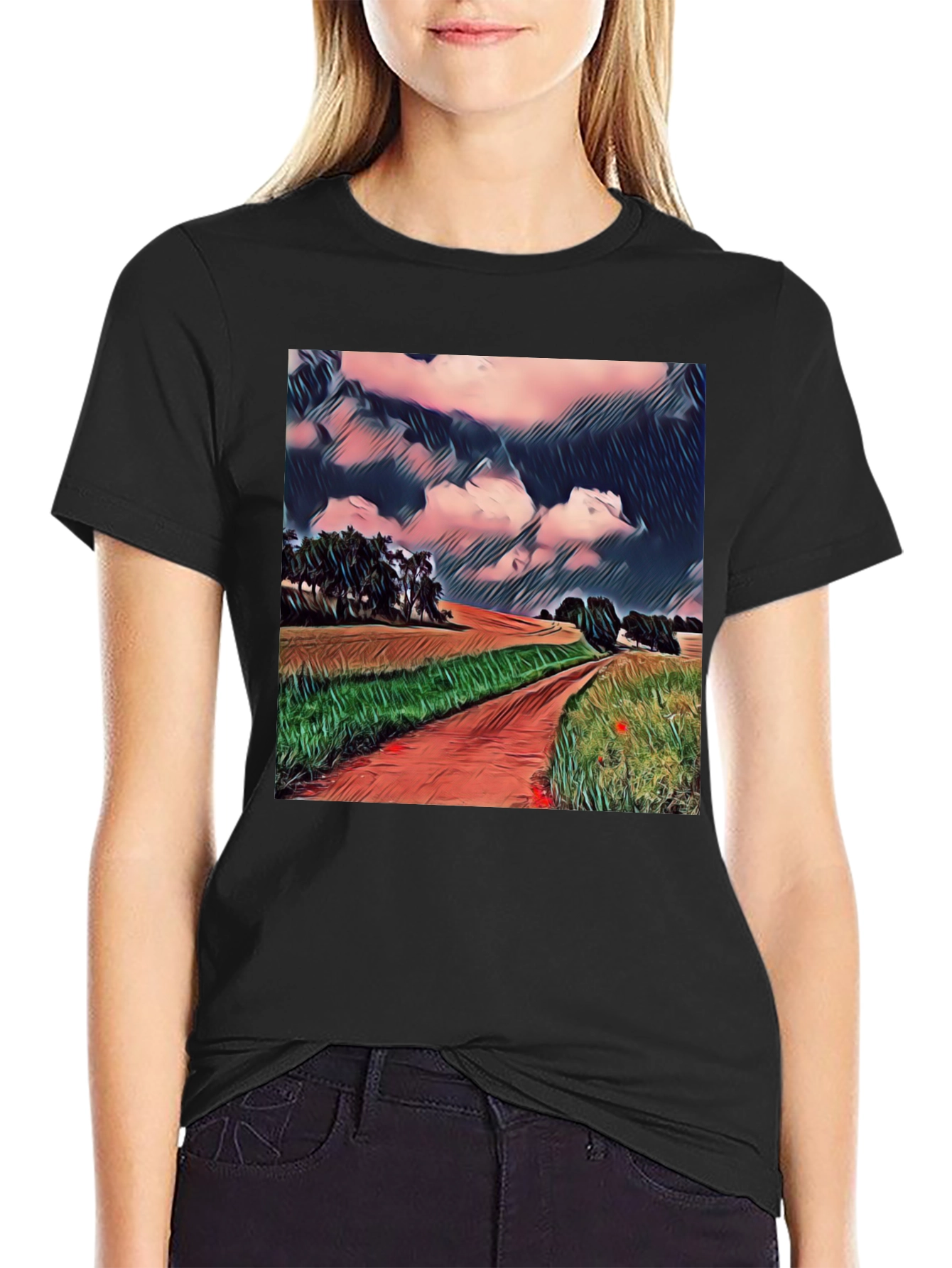 Camiseta Negra con Diseño de Paisaje Rural