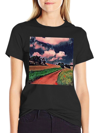 Camiseta Negra con Diseño de Paisaje Rural