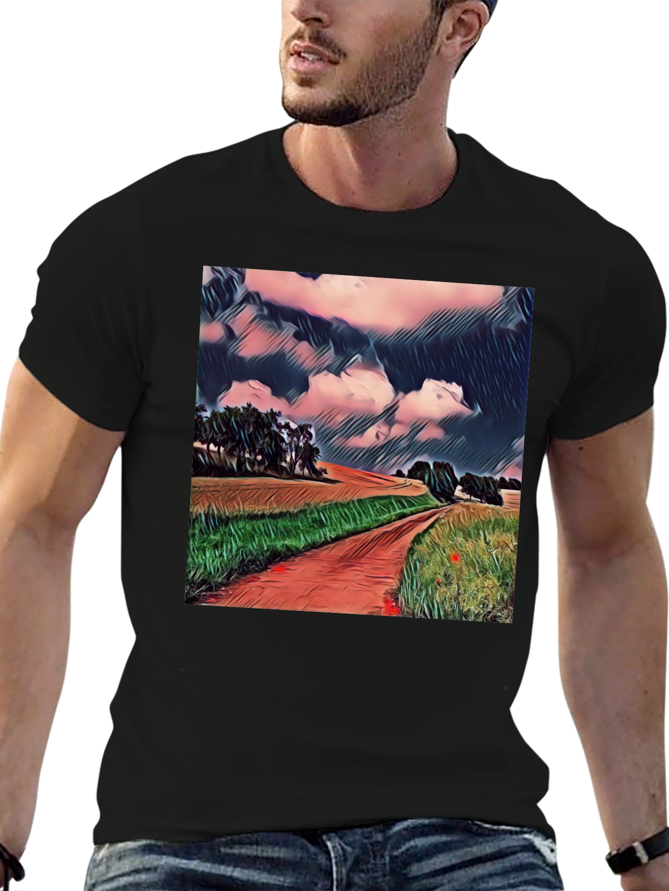 Camiseta Negra con Diseño de Paisaje Rural