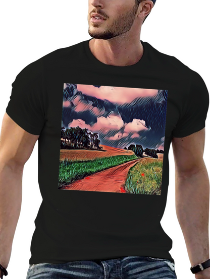 Camiseta Negra con Diseño de Paisaje Rural