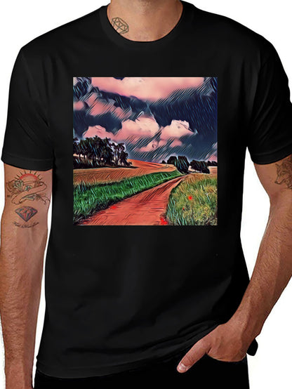 Camiseta Negra con Diseño de Paisaje Rural
