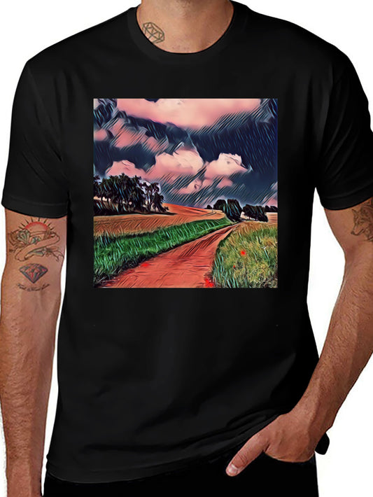 Camiseta Negra con Diseño de Paisaje Rural