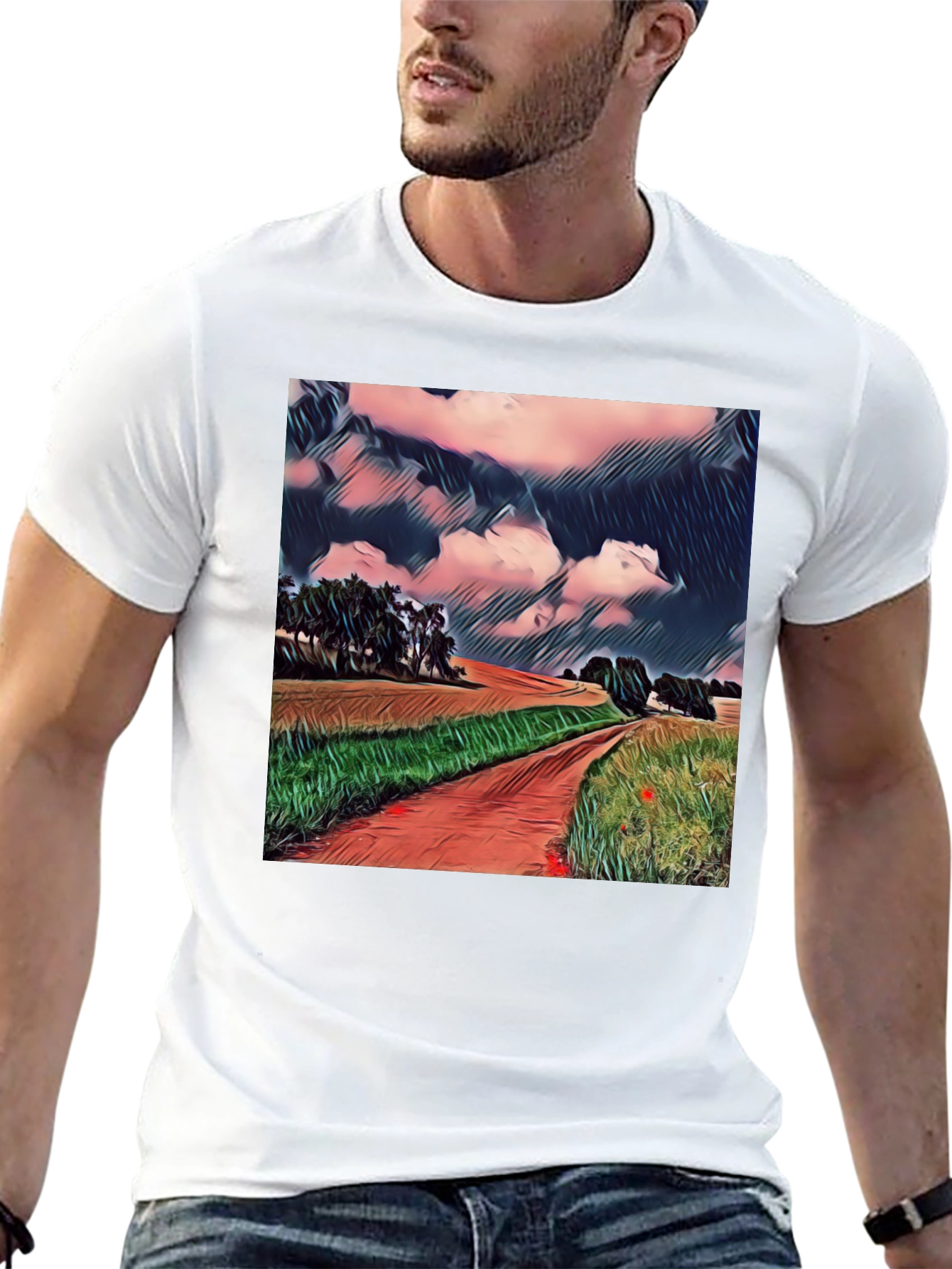 Camiseta Negra con Diseño de Paisaje Rural