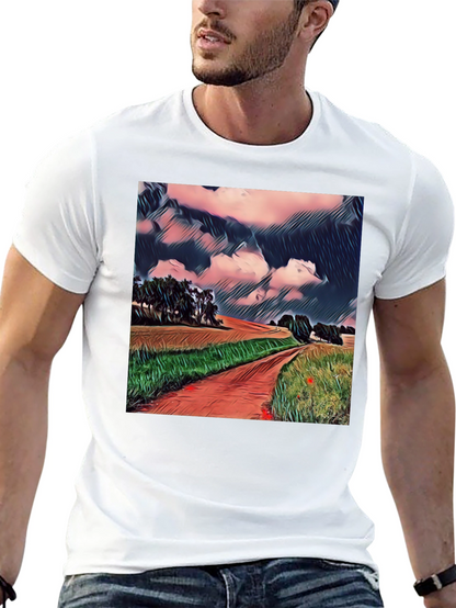 Camiseta Negra con Diseño de Paisaje Rural
