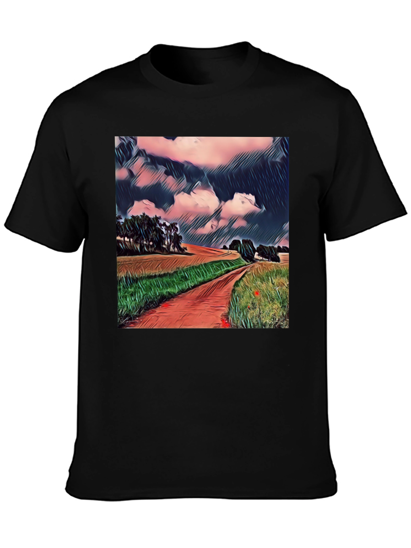 Camiseta Negra con Diseño de Paisaje Rural