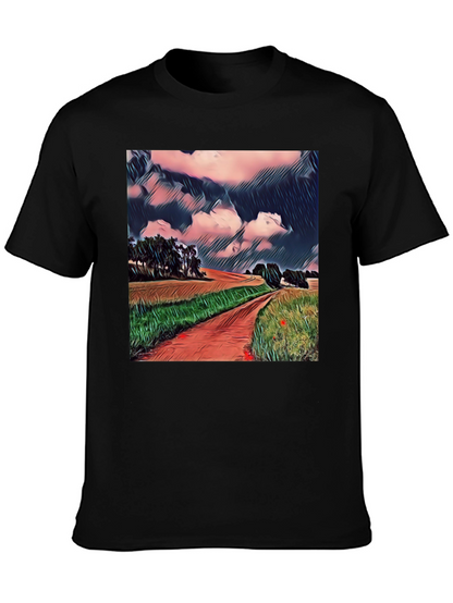 Camiseta Negra con Diseño de Paisaje Rural