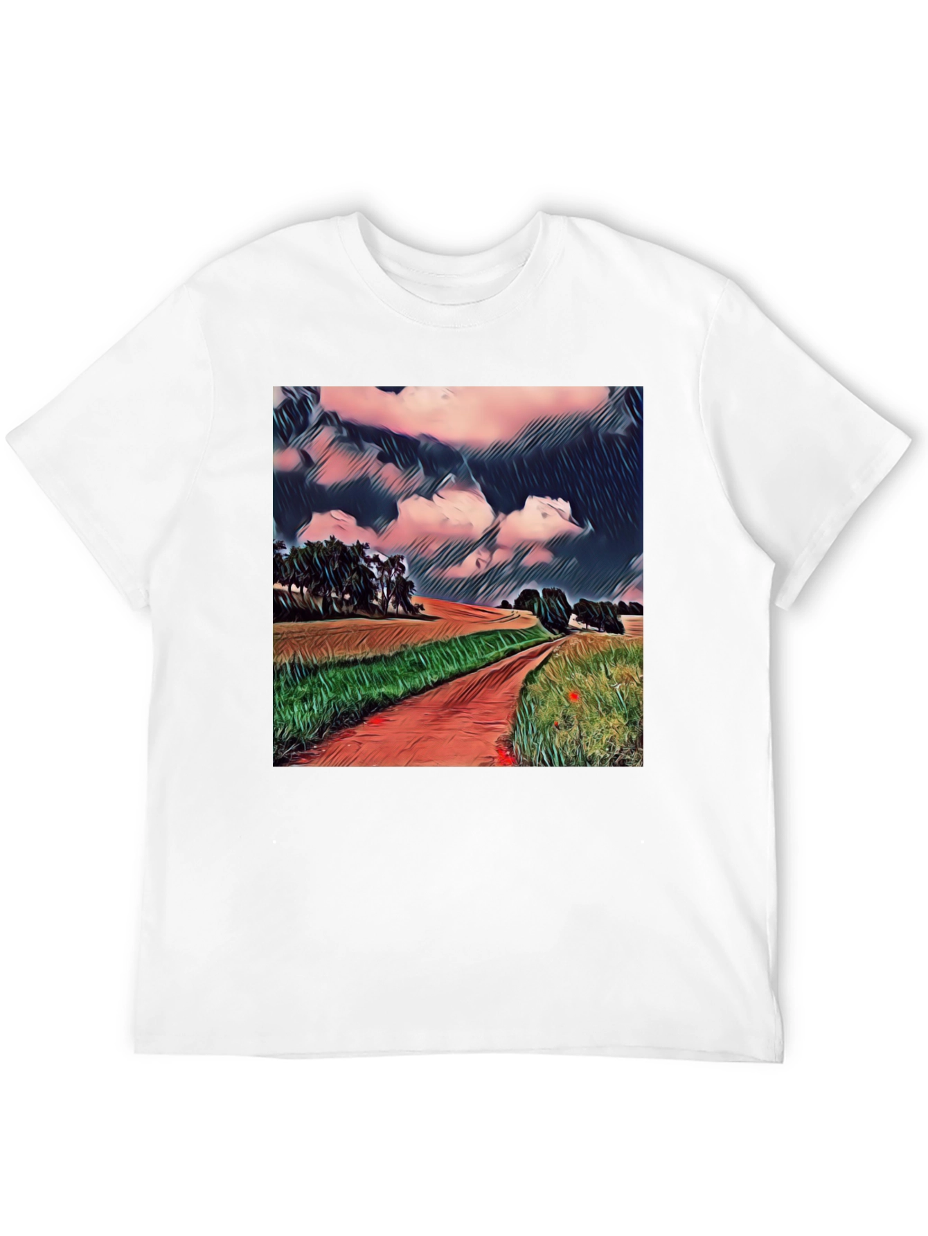 Camiseta Negra con Diseño de Paisaje Rural