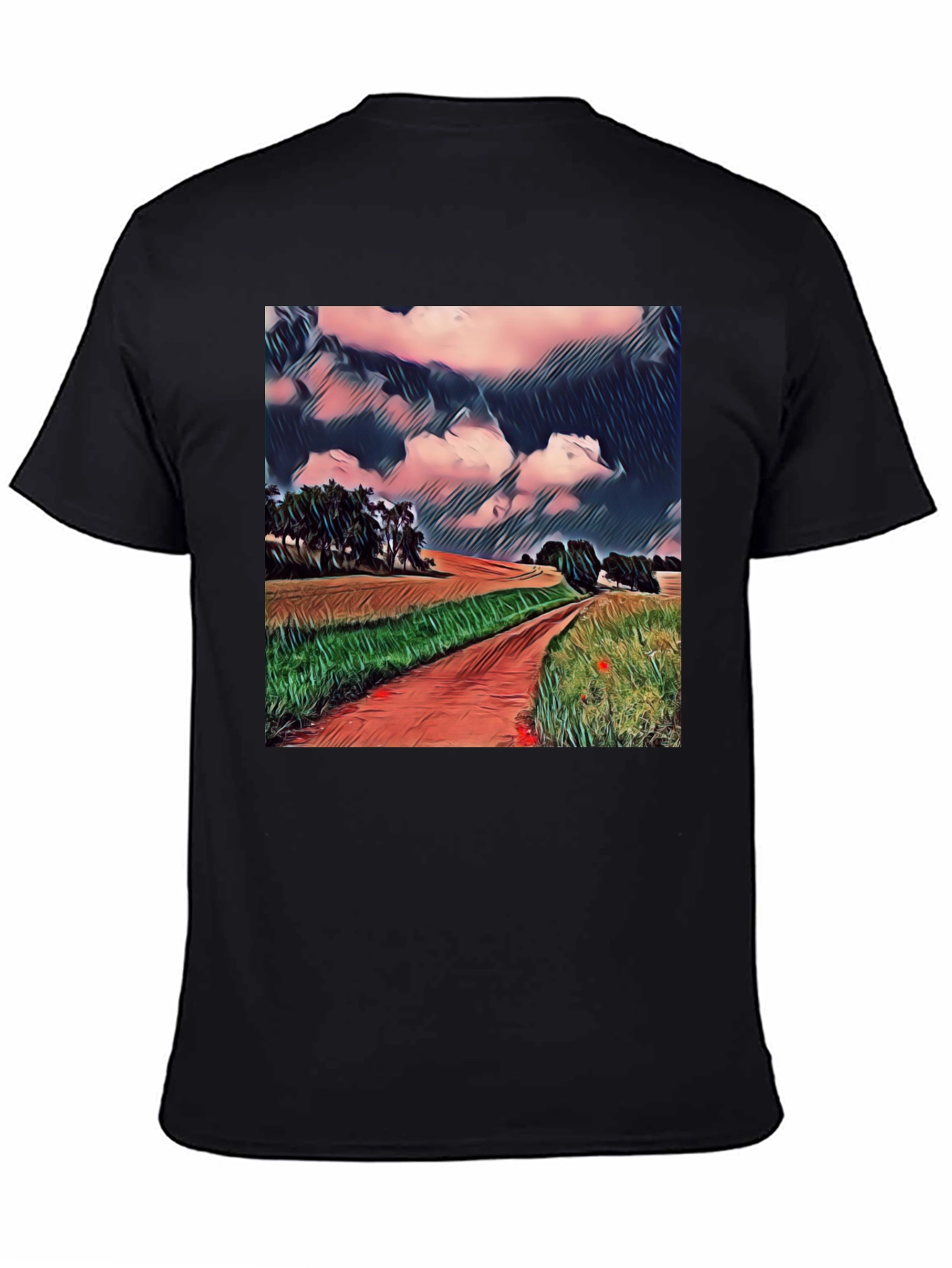 Camiseta Negra con Diseño de Paisaje Rural