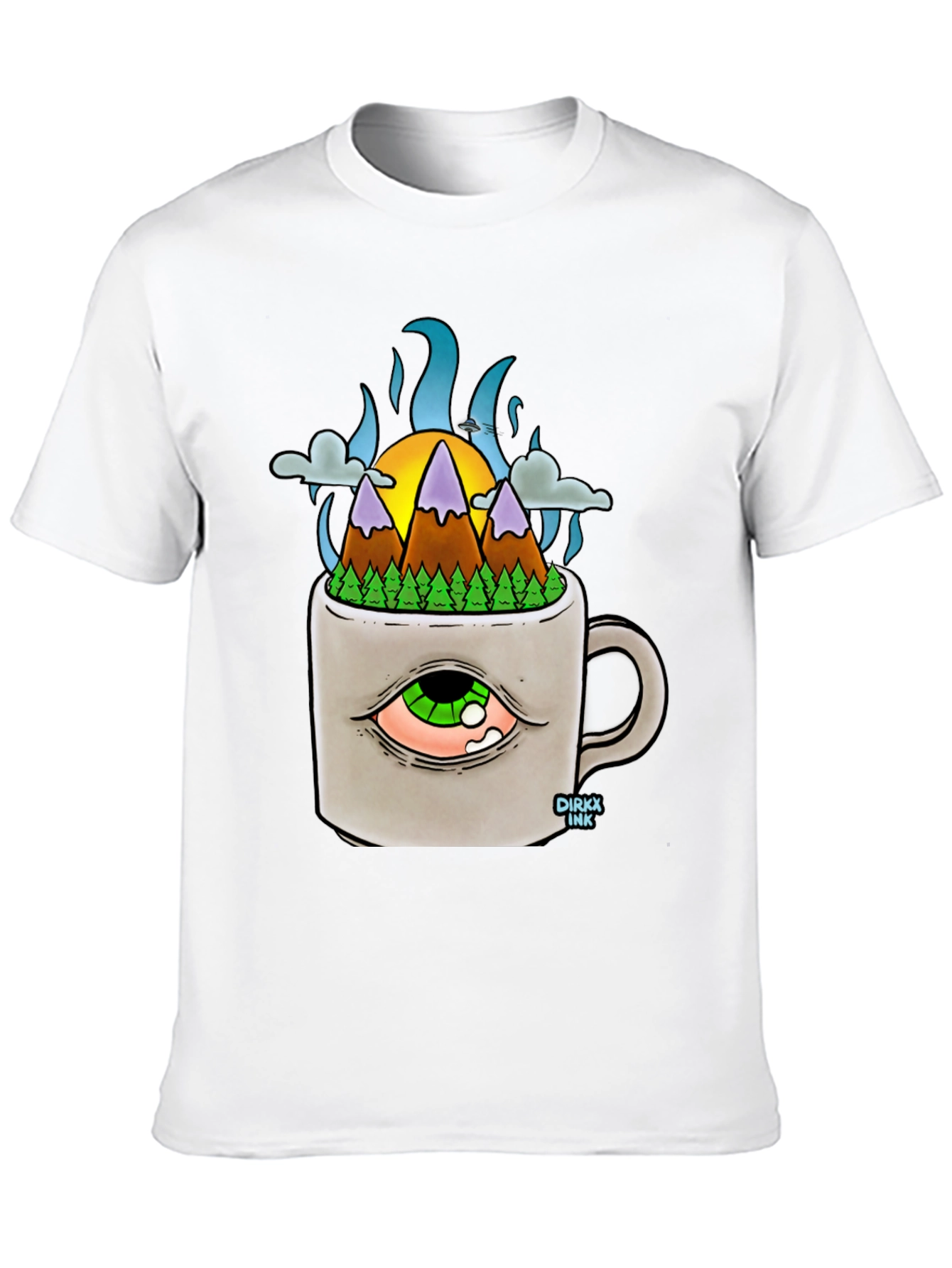 Camiseta Negra con Diseño Original Montaña en Taza
