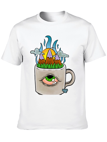 Camiseta Negra con Diseño Original Montaña en Taza