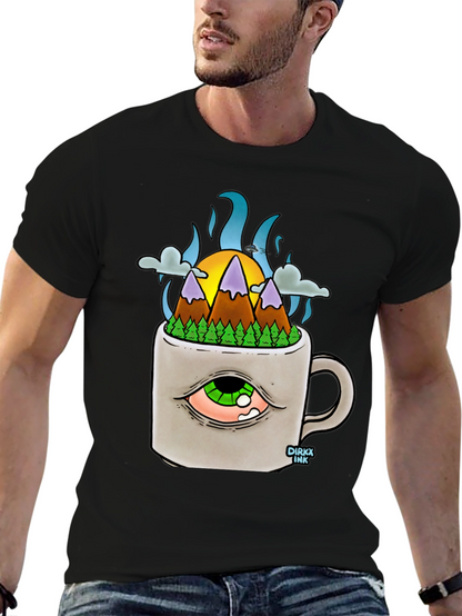 Camiseta Negra con Diseño Original Montaña en Taza