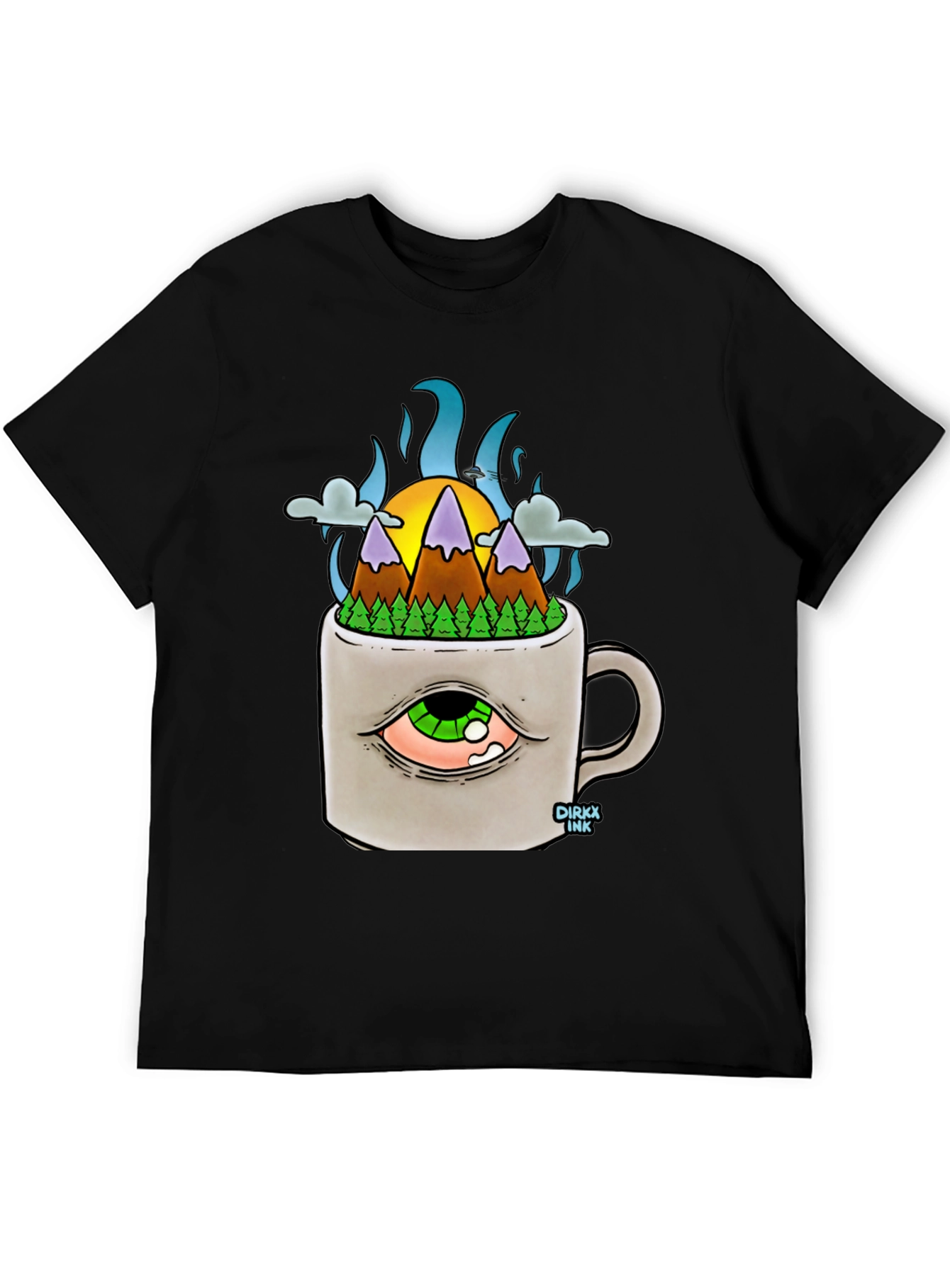 Camiseta Negra con Diseño Original Montaña en Taza