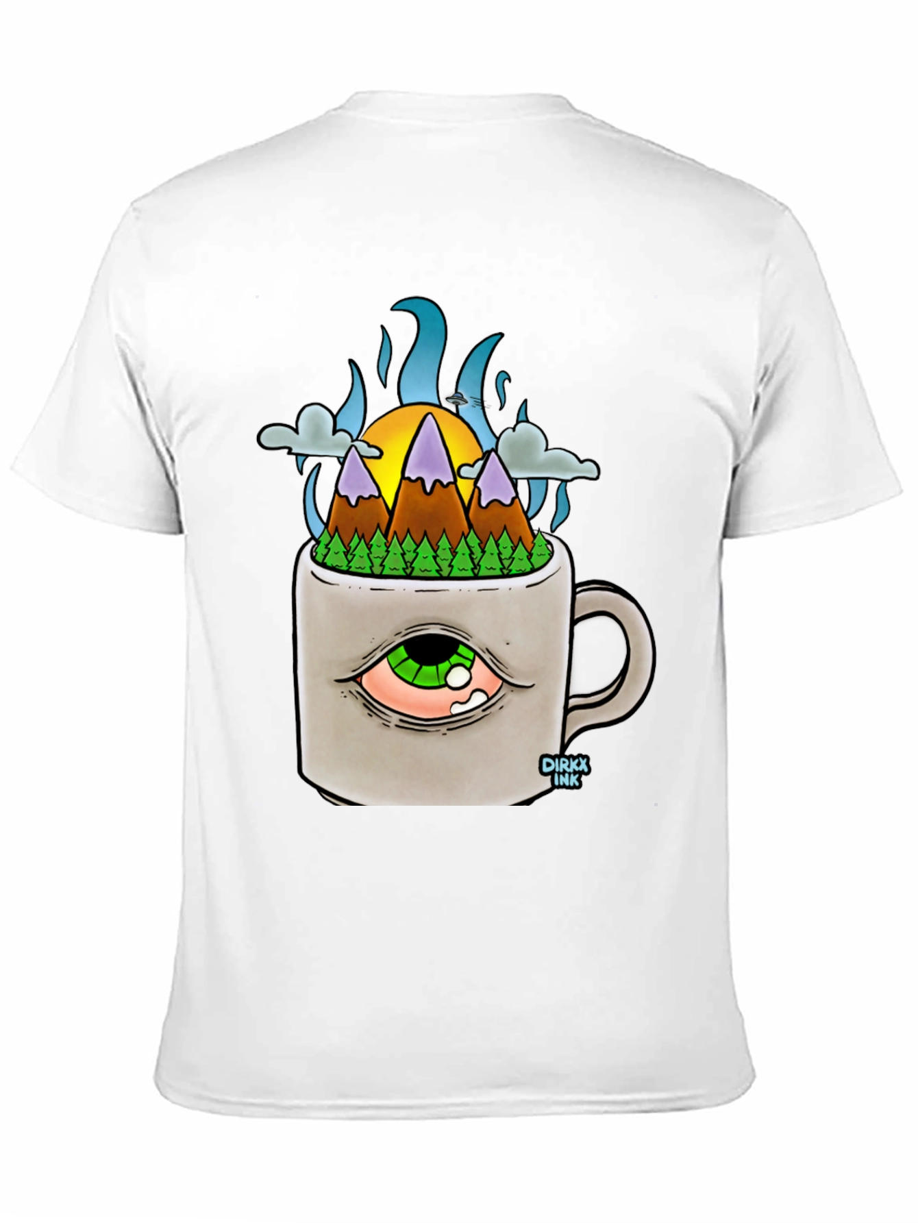 Camiseta Negra con Diseño Original Montaña en Taza