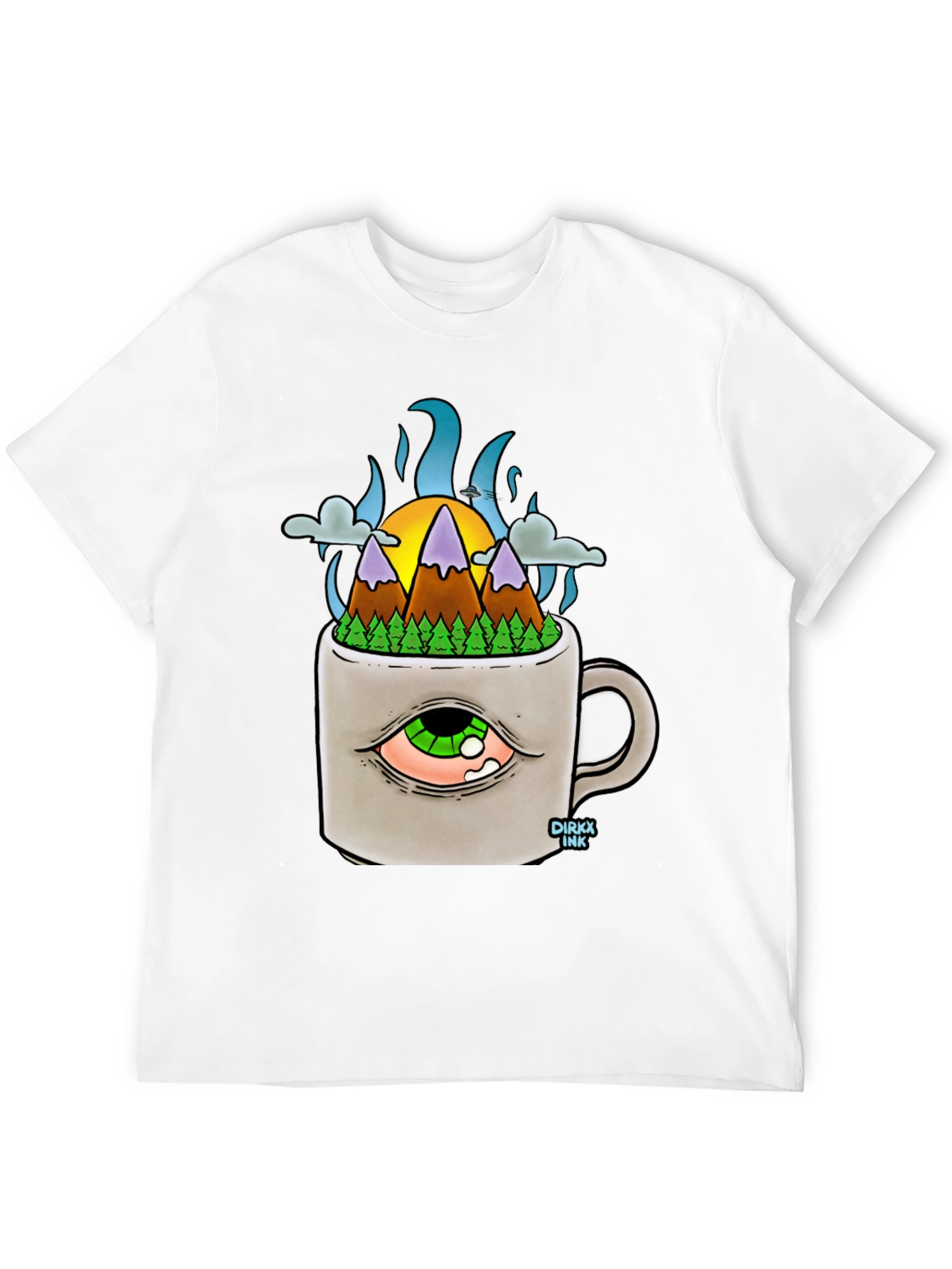 Camiseta Negra con Diseño Original Montaña en Taza