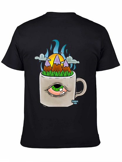 Camiseta Negra con Diseño Original Montaña en Taza