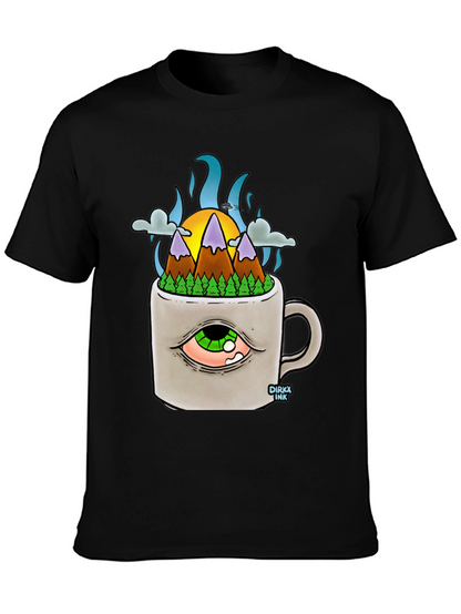 Camiseta Negra con Diseño Original Montaña en Taza