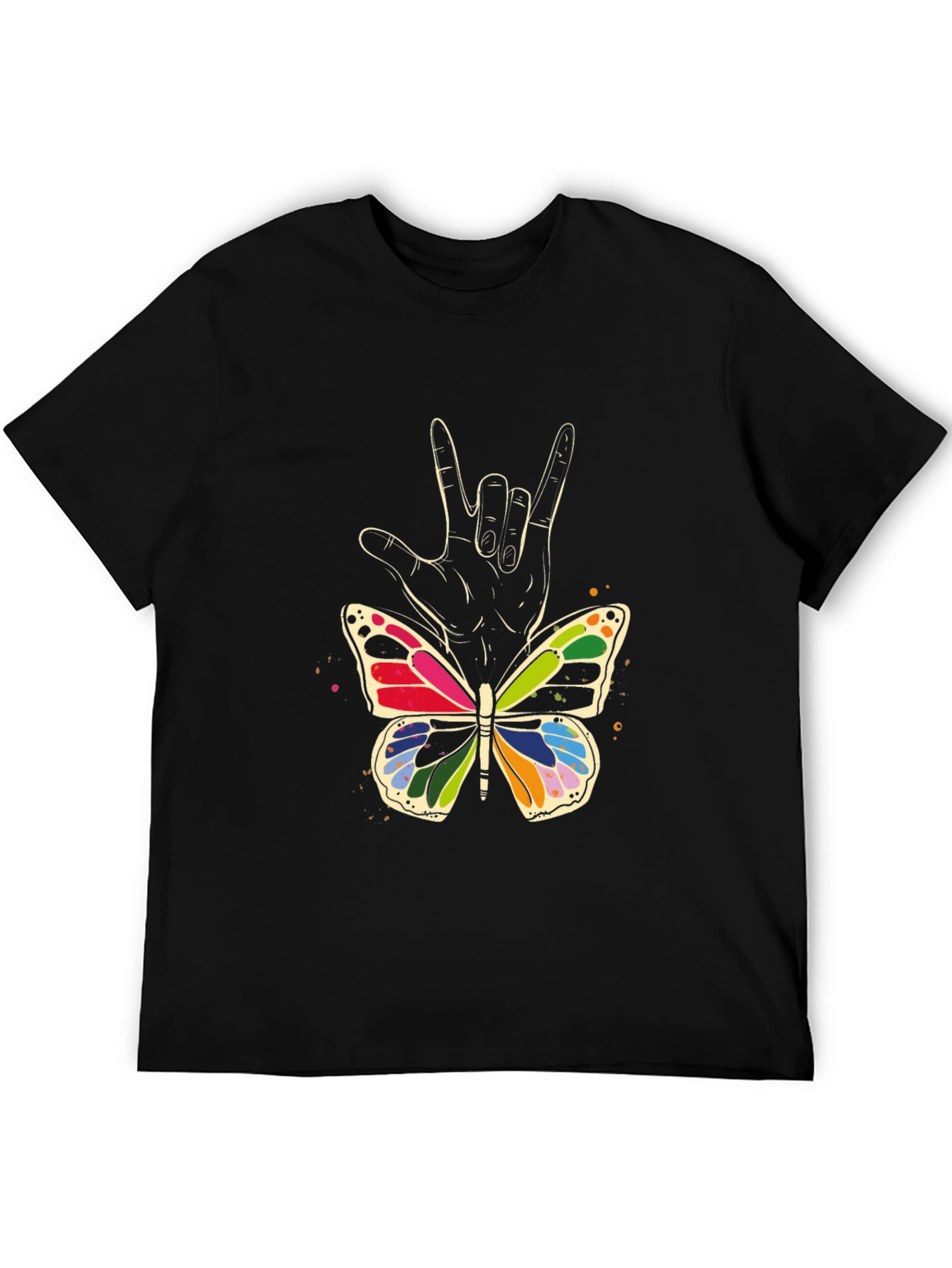Camiseta Negra con Mariposa y Mano Lenguaje de Señas
