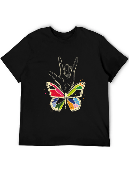 Camiseta Negra con Mariposa y Mano Lenguaje de Señas