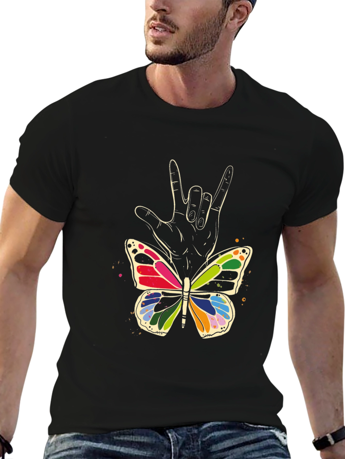 Camiseta Negra con Mariposa y Mano Lenguaje de Señas