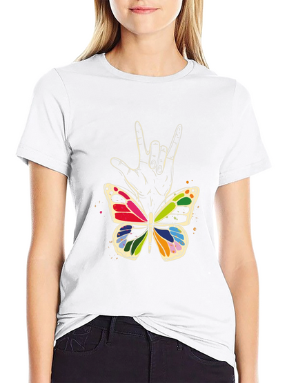 Camiseta Negra con Mariposa y Mano Lenguaje de Señas